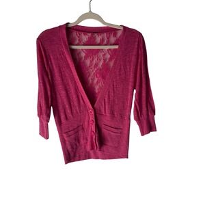 Poof Y2k‎ Pink Cardigan Lace Back  Button Down Knit Sweater Top Large Fairy